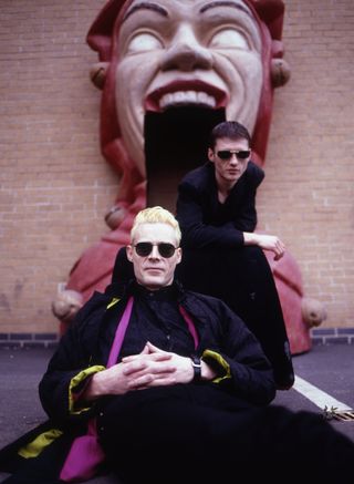 Grin and bear it, Eldritch and Adam Pearson clowning around in Leeds in 1997