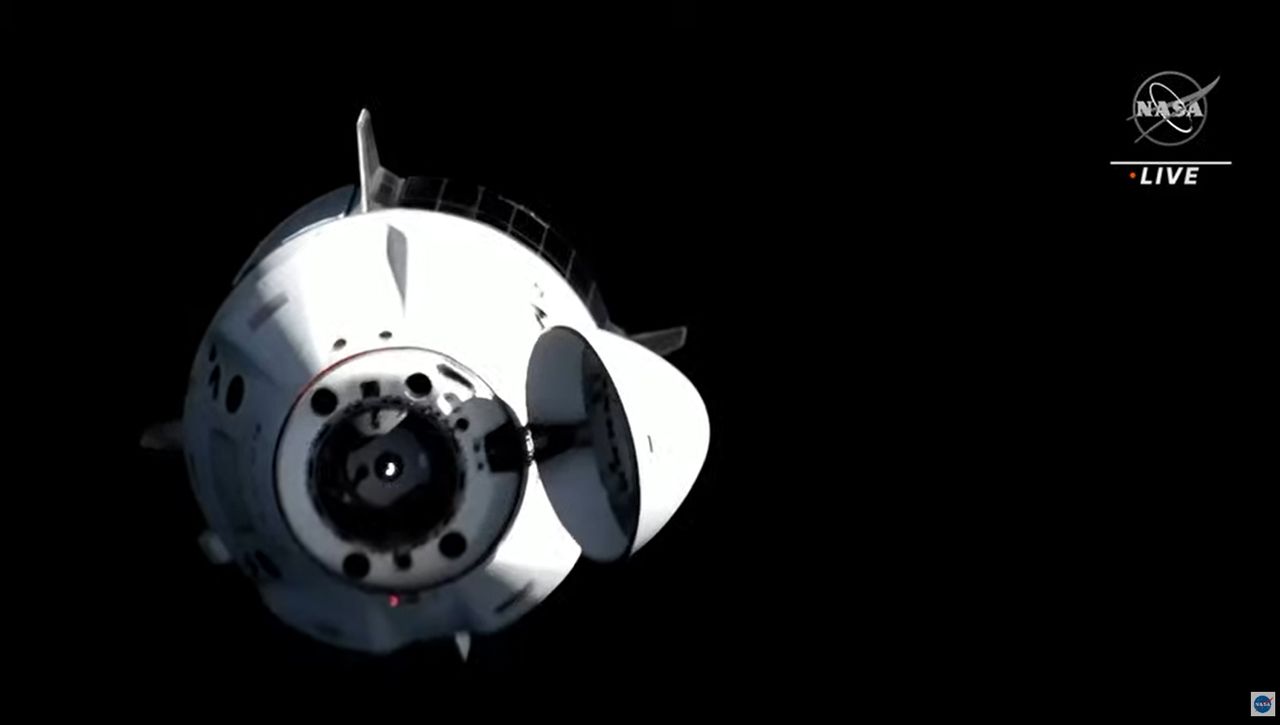 SpaceX's Crew-2 Dragon Endeavour backs away from the International Space Station after undocking on Nov. 8, 2021.