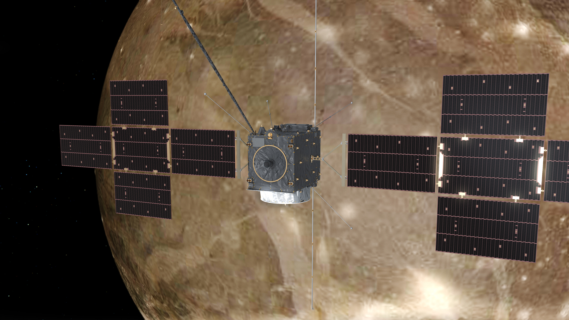 유럽 ​​우주국(ESA)의 주스 우주선이 목성의 위성 가니메데 궤도를 돌고 있습니다.
