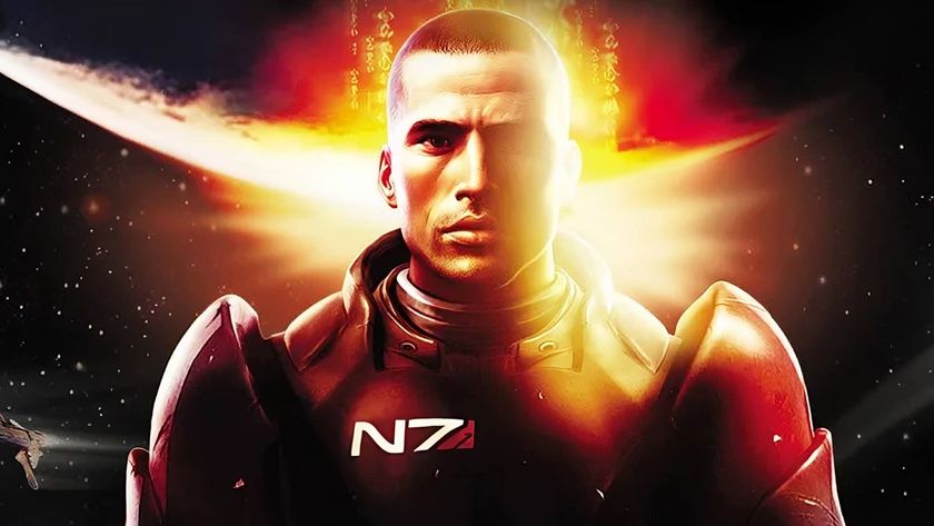 Mass Effect protagonist in N7 armor on a space background