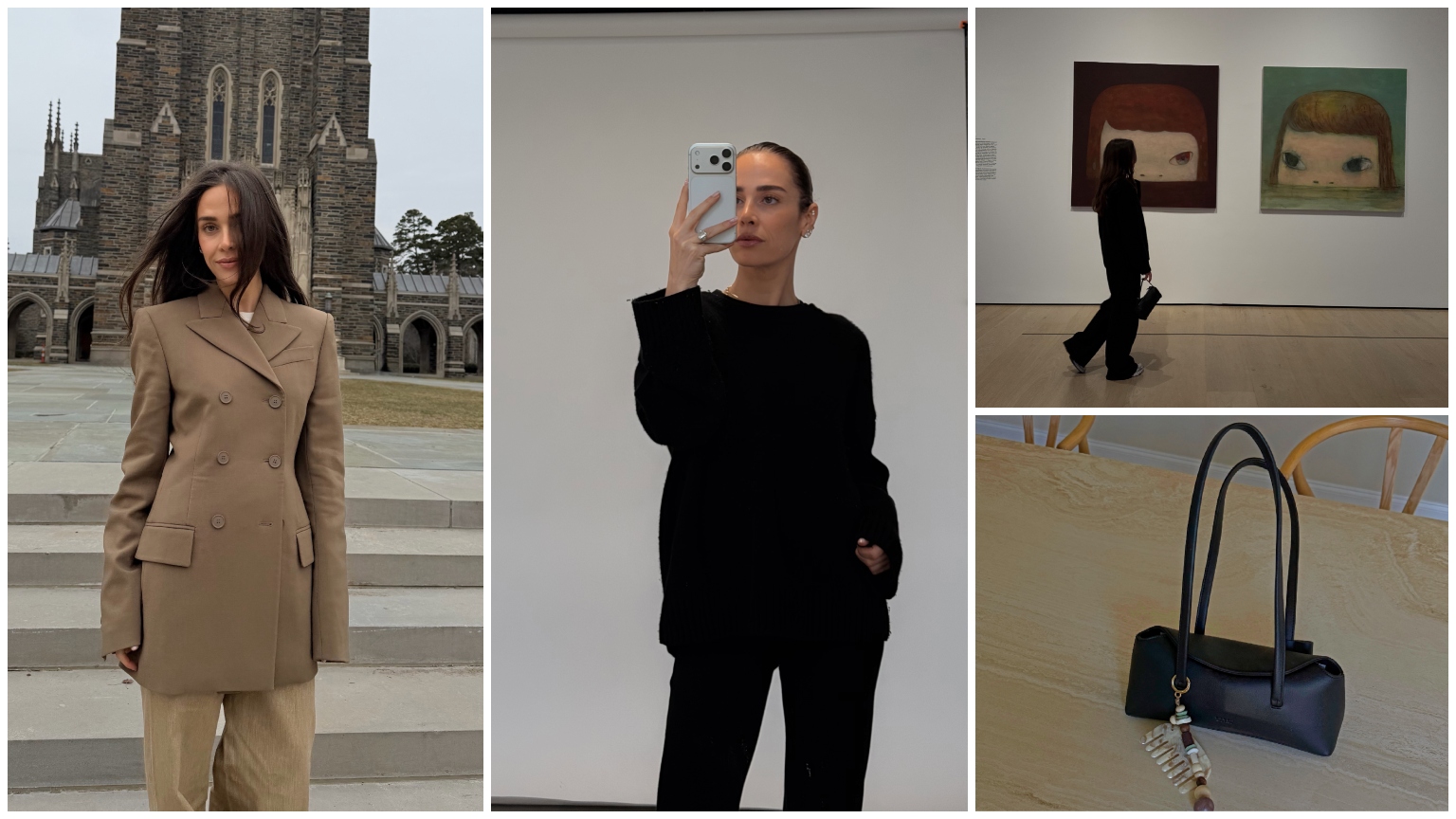 Collage of Kira Mackenzie Jackson wearing a blazer, black sweater, and walking through art gallery, and image of black handbag with white borders