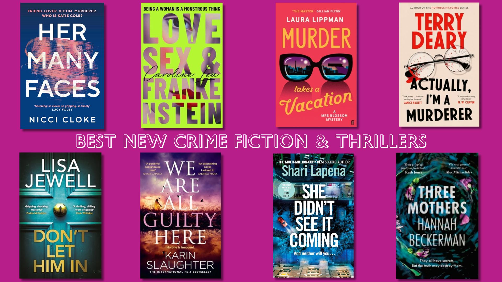 A photo of 8 book covers with the text 'best new crime fiction and thrillers'