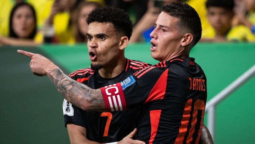 Luiz Diaz of Colombia celebrates with James Rodriguez of Colombia after scoring his team&#039;s first goal during the FIFA World Cup 2026 Qualifiers match between Brazil and Colombia at Arena BRB Mane Garrincha.