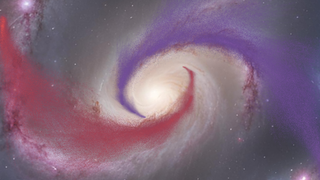 An illustration of gas flowing out of a galaxy (purple) and then back in (red) on a cosmic conveyer belt.