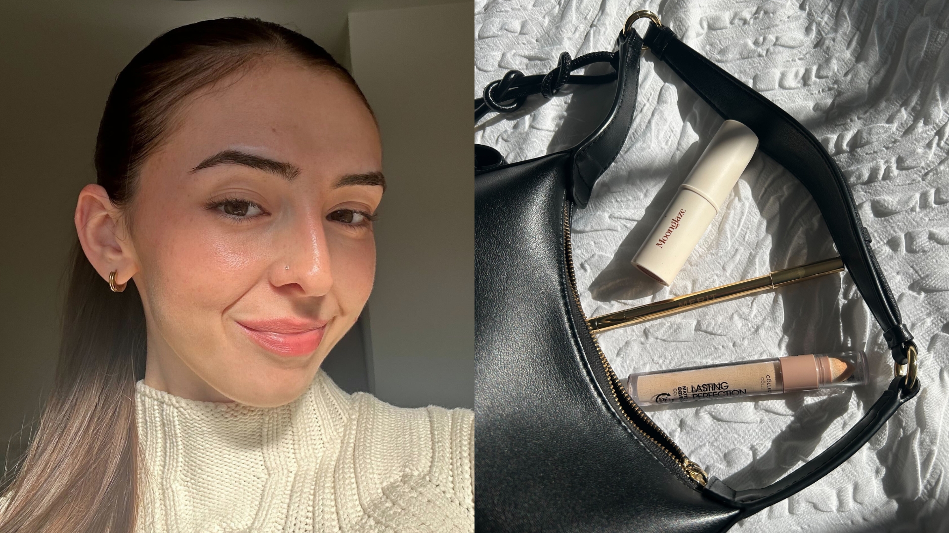 On the left, image of Sennen Prickett having used the 3 makeup products, and on the right the 3 makeup products outside a black bag
