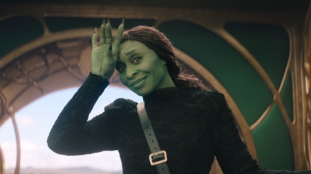 Cynthia Erivo's Elphaba saying goodbye to Glinda on a train in Wicked