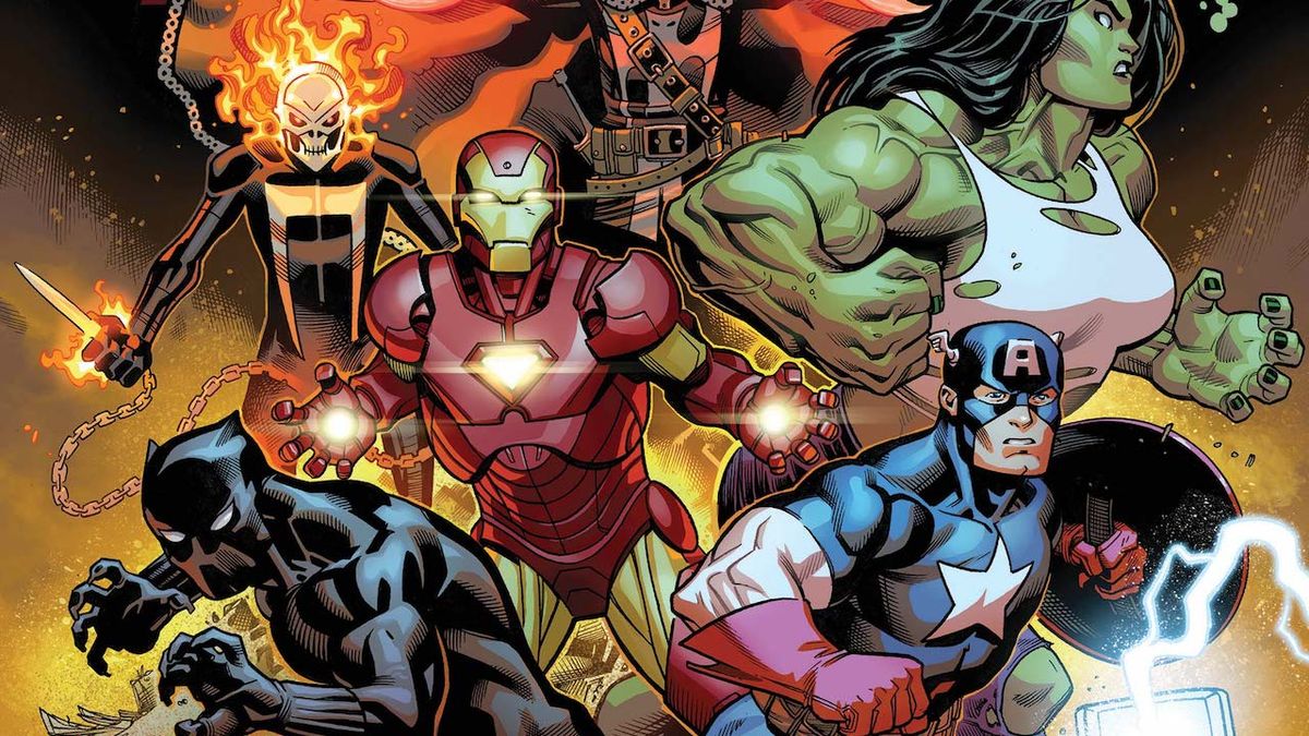 Black Panther, Captain America, Iron Man, She-Hulk and Ghost Rider in Avengers artwork