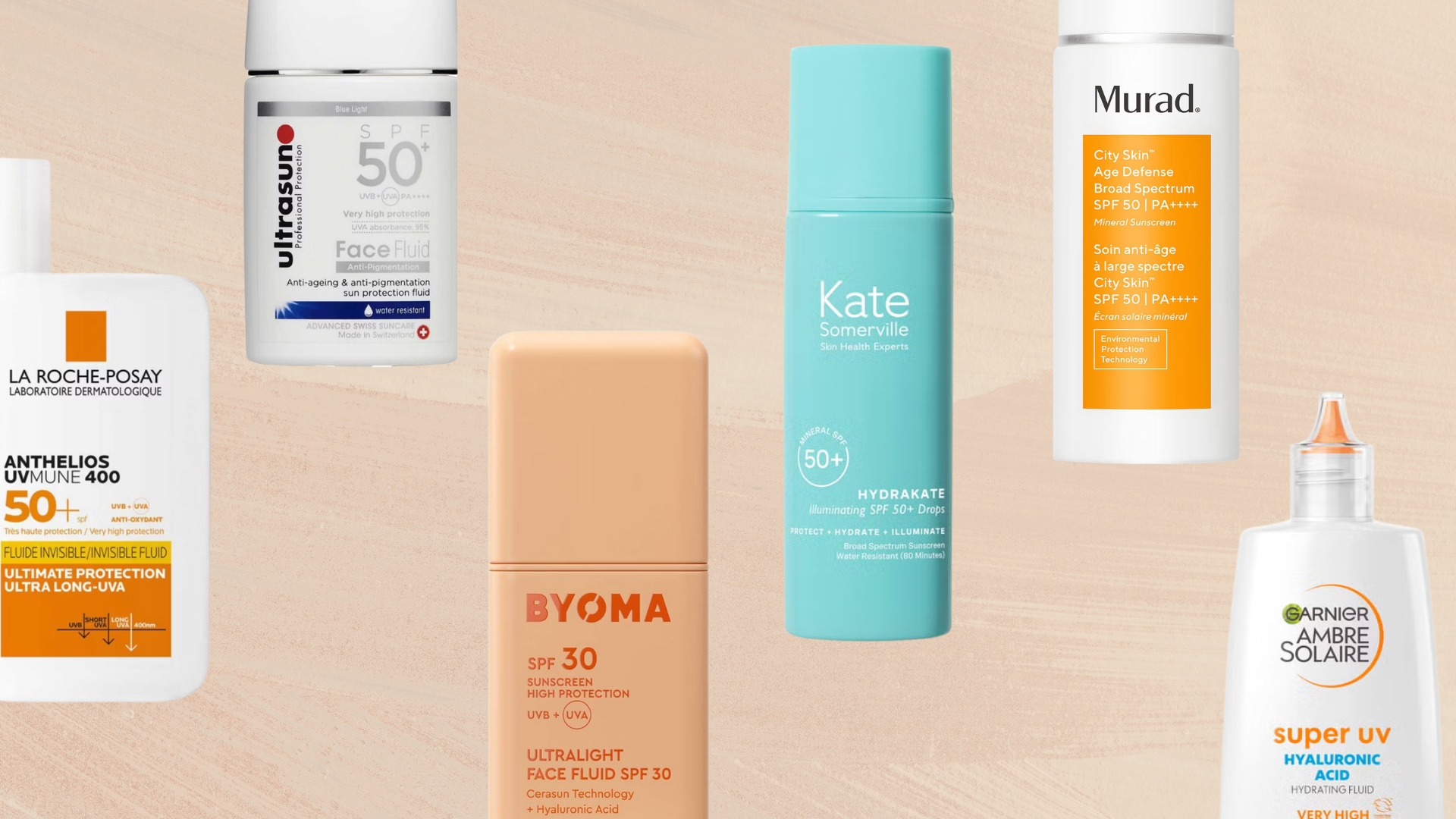 Collage of best sunscreens for sensitive skin, from La Roche-Posay, Ultrasun, Byoma, Kate Somerville, Murad and Garnier, on a beige background