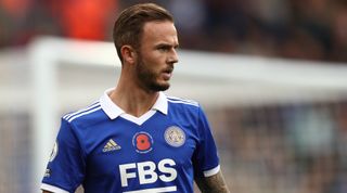 James Maddison of Leicester City during the Premier League match between Leicester City and Manchester City at The King Power Stadium on October 29, 2022 in Leicester, United Kingdom.