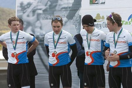 Some of the New Zealand contingent on the podium in New Norfolk after accepting medals for top-ten finishes.