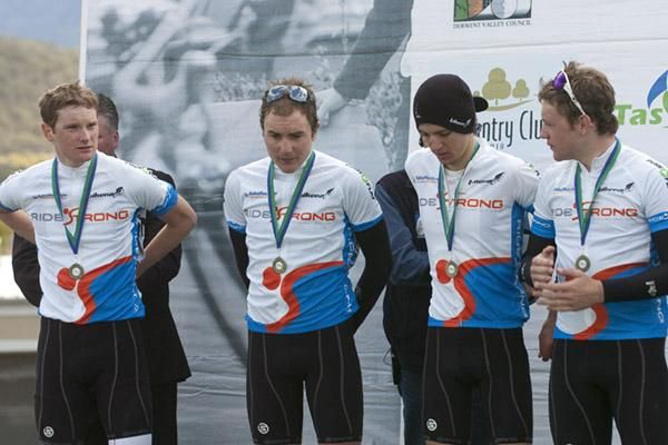 Some of the New Zealand contingent on the podium in New Norfolk after accepting medals for top-ten finishes.