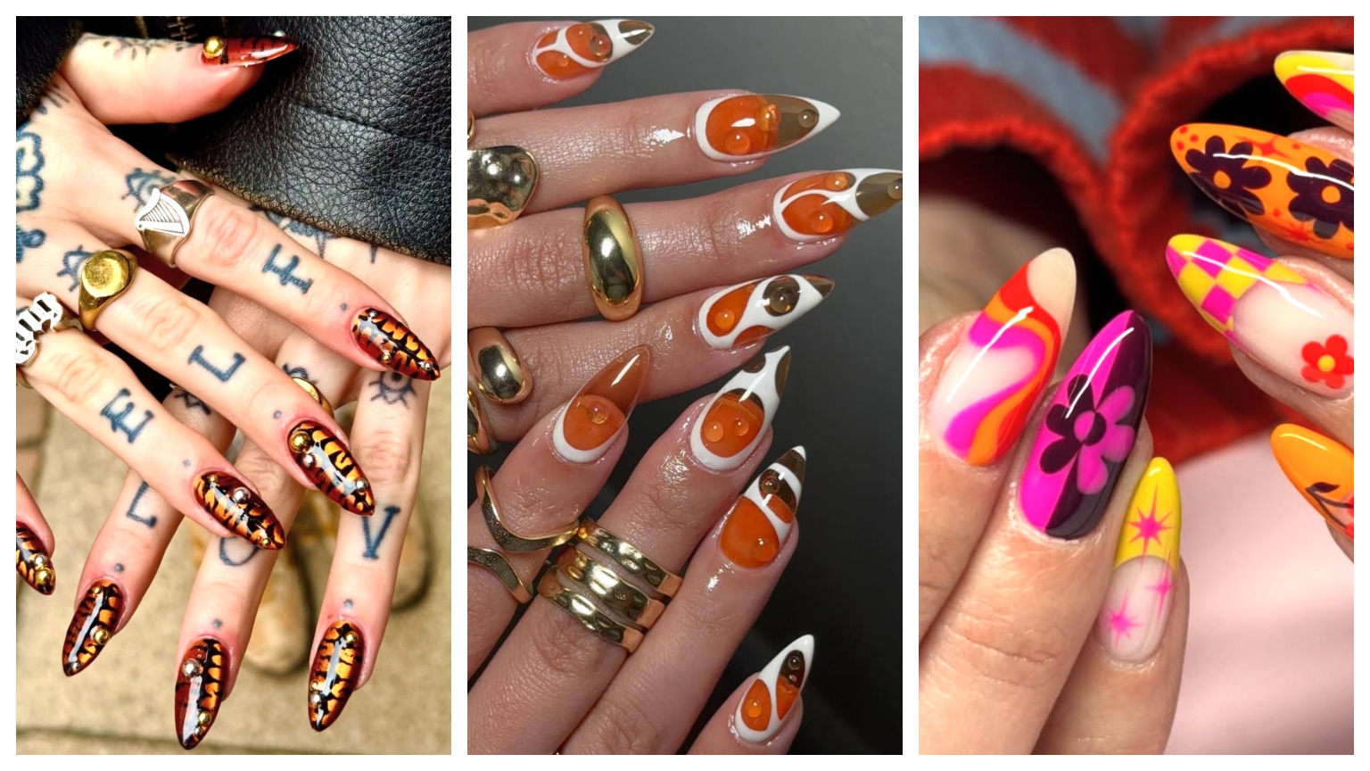 a photo trio of orange nail designs on hands with rings