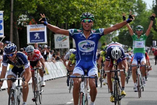 St&eacute;phane Poulhies (Saur - Sojasun) celebrates his victory in stage one.
