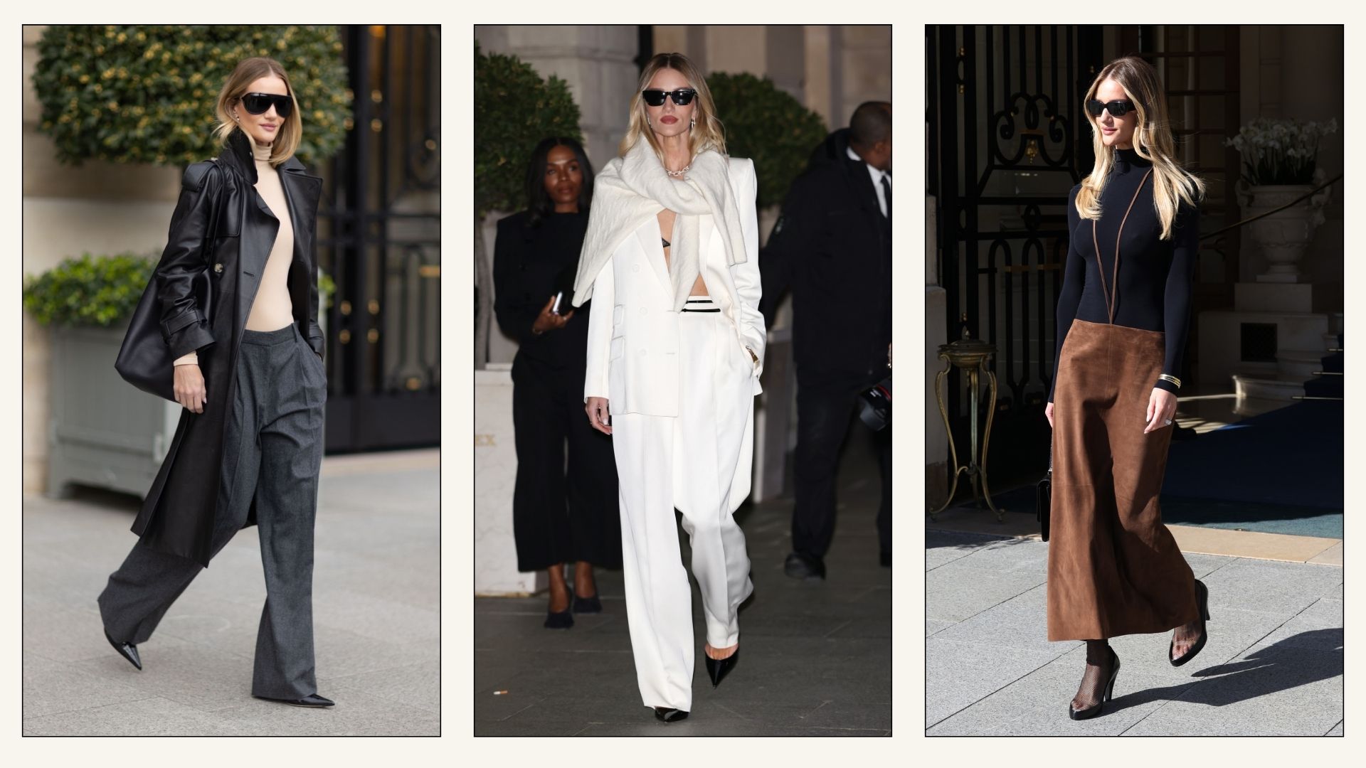 Rosie Huntington steps outside in Paris wearing a white suit with a white knit around her neck.