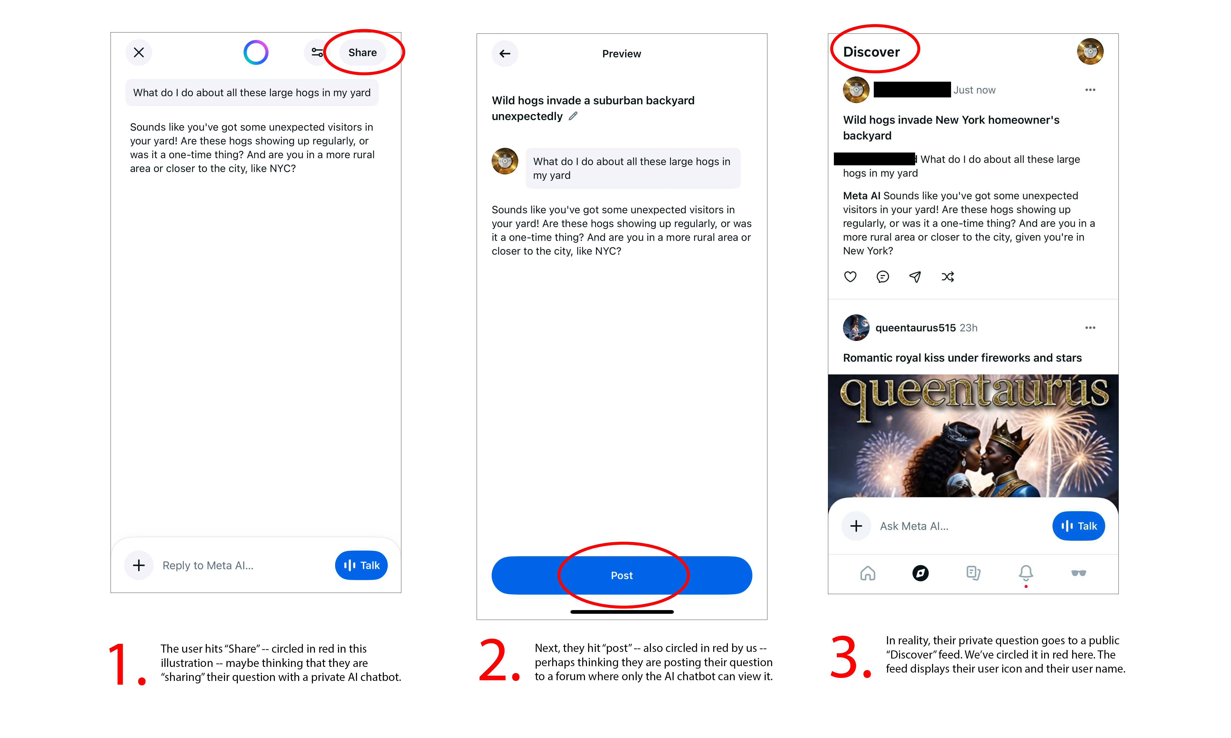 Illustration showing how people may accidentally share Meta AI prompts to the Meta AI Discover feed.