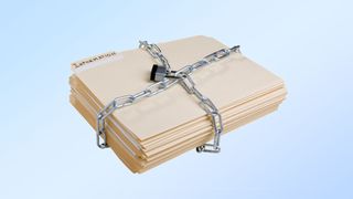 Padlocked chain wrapping two ways around a bundle of manila file folders labeled 'INFORMATION.'
