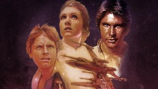Mark Hamill, Carrie Fisher, and Harrison Ford in a poster for Star Wars: A New Hope