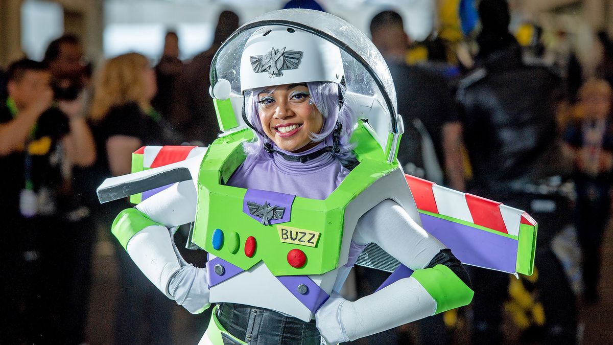 A fan cosplays as Buzz Lightyear from Toy Story during the 2018 New York Comic-Con.