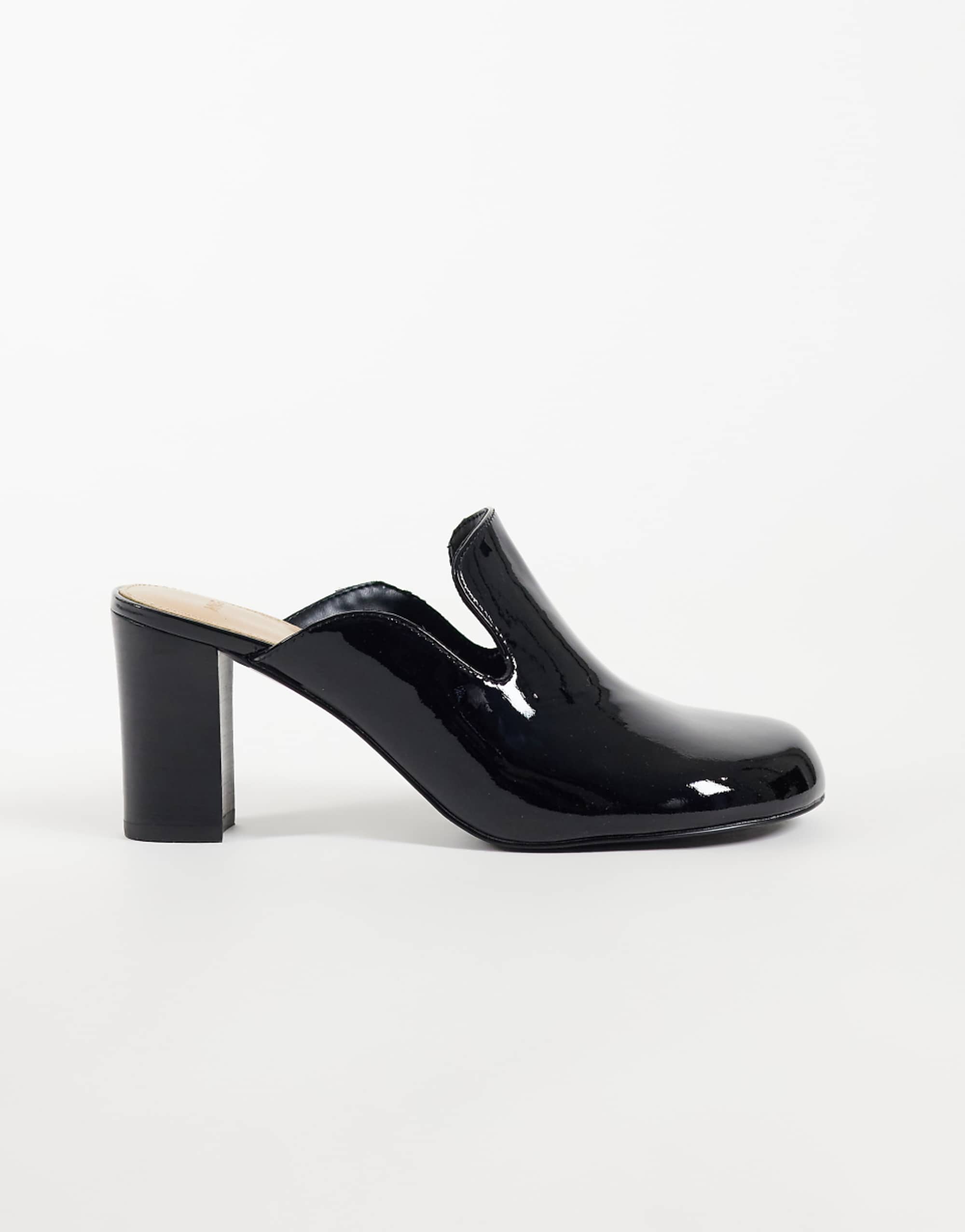 Mango 100% Leather Heeled Mules in Black Patent