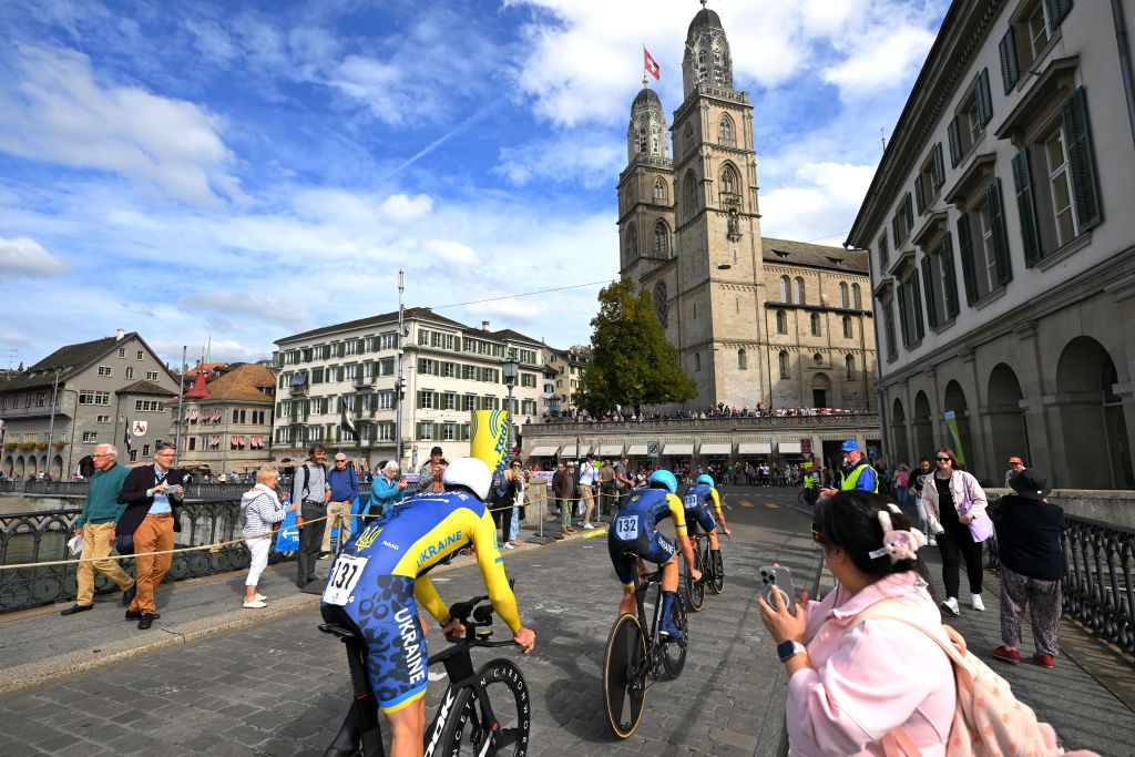 ZURICH SWITZERLAND SEPTEMBER 25 Vitaliy Gryniv Semen Simon and Daniil Yakovlev of Team Ukraine sprint during the 97th UCI Cycling World Championships Zurich 2024 Mixed Relay Team Time Trial a 537km one day race from Zurich to Zurich on September 25 2024 in Zurich Switzerland Photo by Tim de WaeleGetty Images