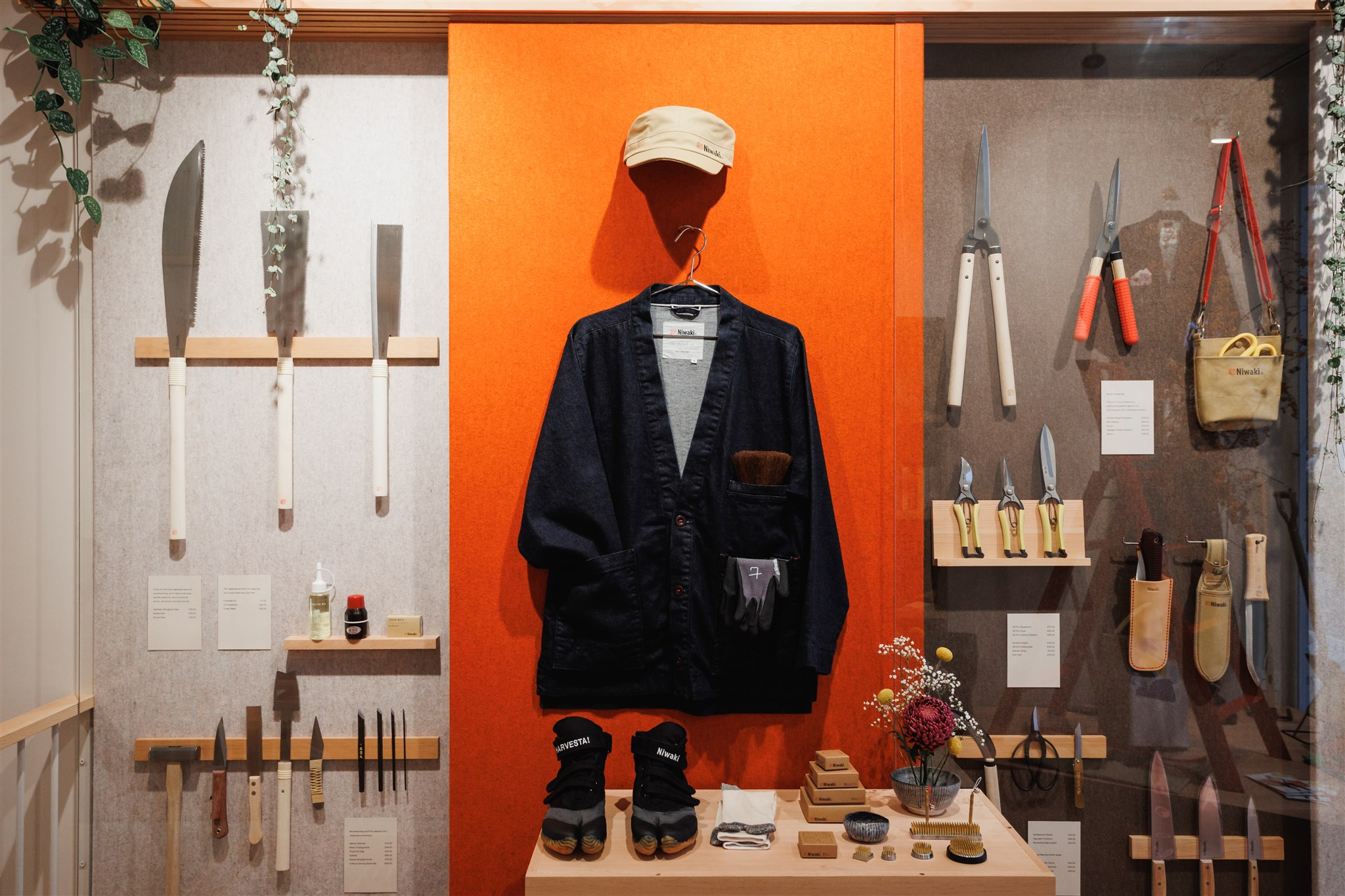 tools and clothes on display in Niwaki shop window