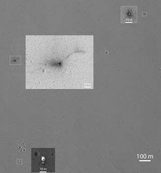 This Oct. 25, 2016, image from the HiRISE camera on NASA's Mars Reconnaissance Orbiter shows the area where Europe's Schiaparelli lander struck Mars. The inset at center shows where the main lander hit; at bottom is Schiaparelli’s parachute and back heat shield, while the inset at upper right shows the front heat shield.