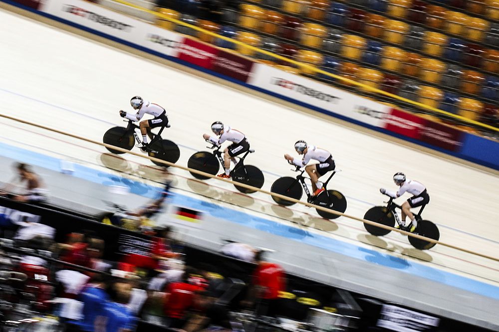 German team competes in the Men's Team Pursuit as part of the UCI Track World Cup at Omnisport Apeldoorn on November 11, 2016 in Apeldoorn, Netherlands