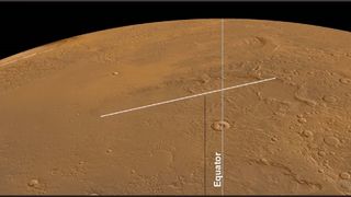 In this image, the white line on Mars' surface (top) shows a stretch of land that was scanned by MARSIS.