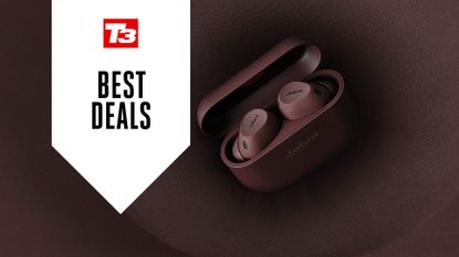 Jabra Elite 10 headphones against brown background with deals overlay