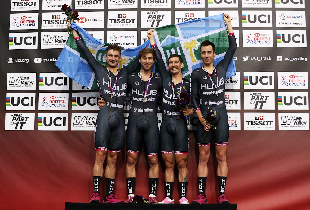 Team HUUB Wattbike Test Team celebrate during the victory ceremony after winning the Men's Team Pursuit Final during day One of the 2018 TISSOT UCI Track Cycling World Cup