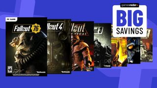 Fallout PC games on a blue background with big savings badge