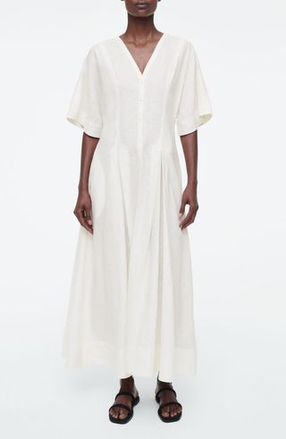 Pleated Linen Blend Midi Shirtdress