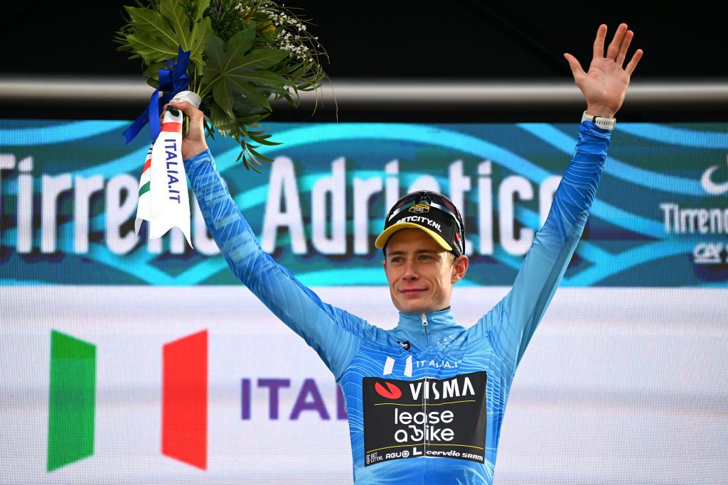 VALLE CASTELLANA ITALY MARCH 08 Jonas Vingegaard Hansen of Denmark and Team VismaLease A Bike celebrates at podium as Blue Leader Jersey winner during the 59th TirrenoAdriatico 2024 Stage 5 a 144km stage from Torricella Sicura to Valle Castellana 615m UCIWT on March 08 2024 in Valle Castellana Italy Photo by Tim de WaeleGetty Images