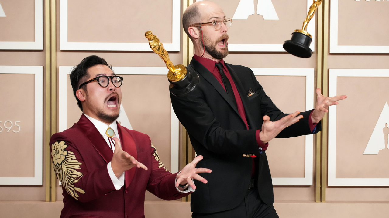 Dan Kwan and Daniel Scheinert, winners of the Best Director and Best Picture award for &quot;Everything Everywhere All at Once&quot;, pose in the press room at the 95th Annual Academy Awards at Ovation Hollywood on March 12, 2023 in Hollywood, California