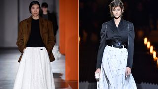 two prada models for different collections wearing a black shirt and white skirt