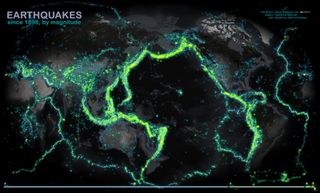 World map shows 105 years of earthquakes.