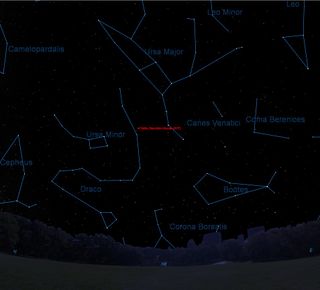 This Starry Night sky map shows the location of Comet 41P/Tuttle-Giacobini-Kresák in the northern night sky on April 1, 2017 at 9 p.m. local time as seen from mid-northern latitudes. The comet is not visible to the naked eye, but can be spotted with binoculars or a telescope.