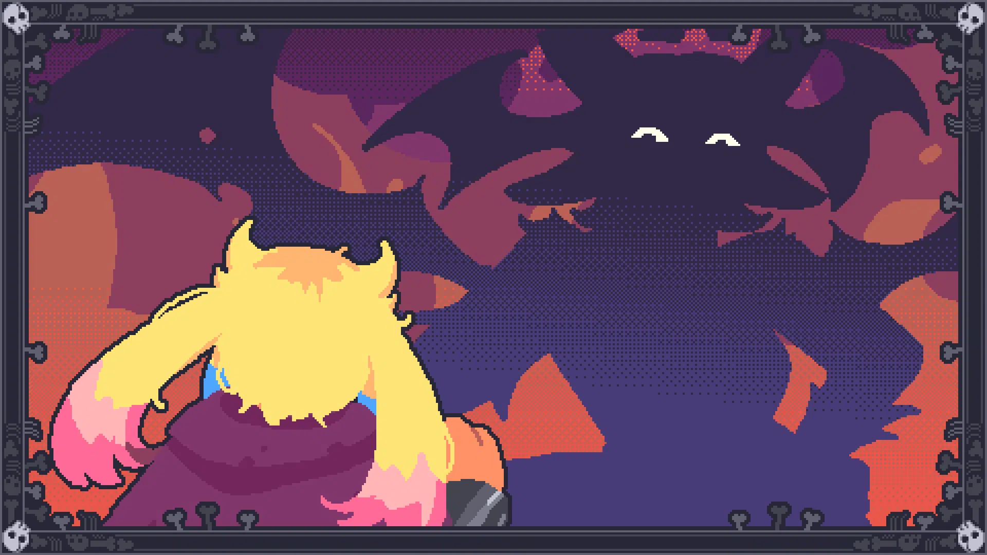 A demon in silhouette peers ominously at the protagonist of Rizz Dungeon against a fiery background.