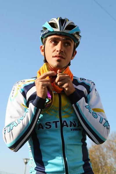 Tour de France champion Alberto Contador preps for a training ride during Astana's Pisa, Italy training camp.