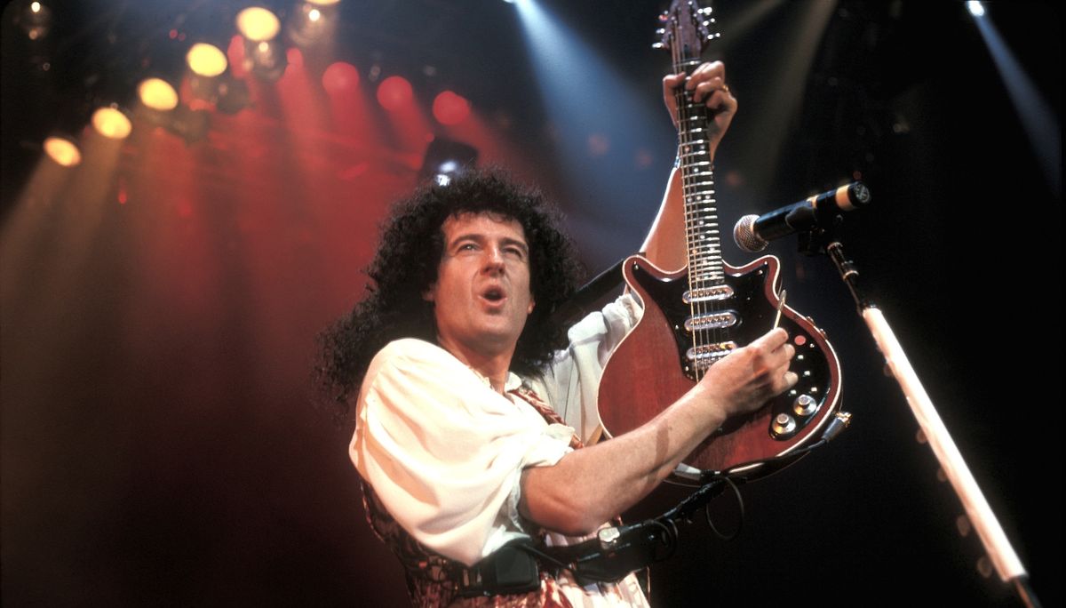 Brian May, Red Special guitar in hand, performs live in 1993