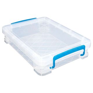 A clear plastic document box with blue latches