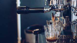 An espresso machine pulling two coffee shots