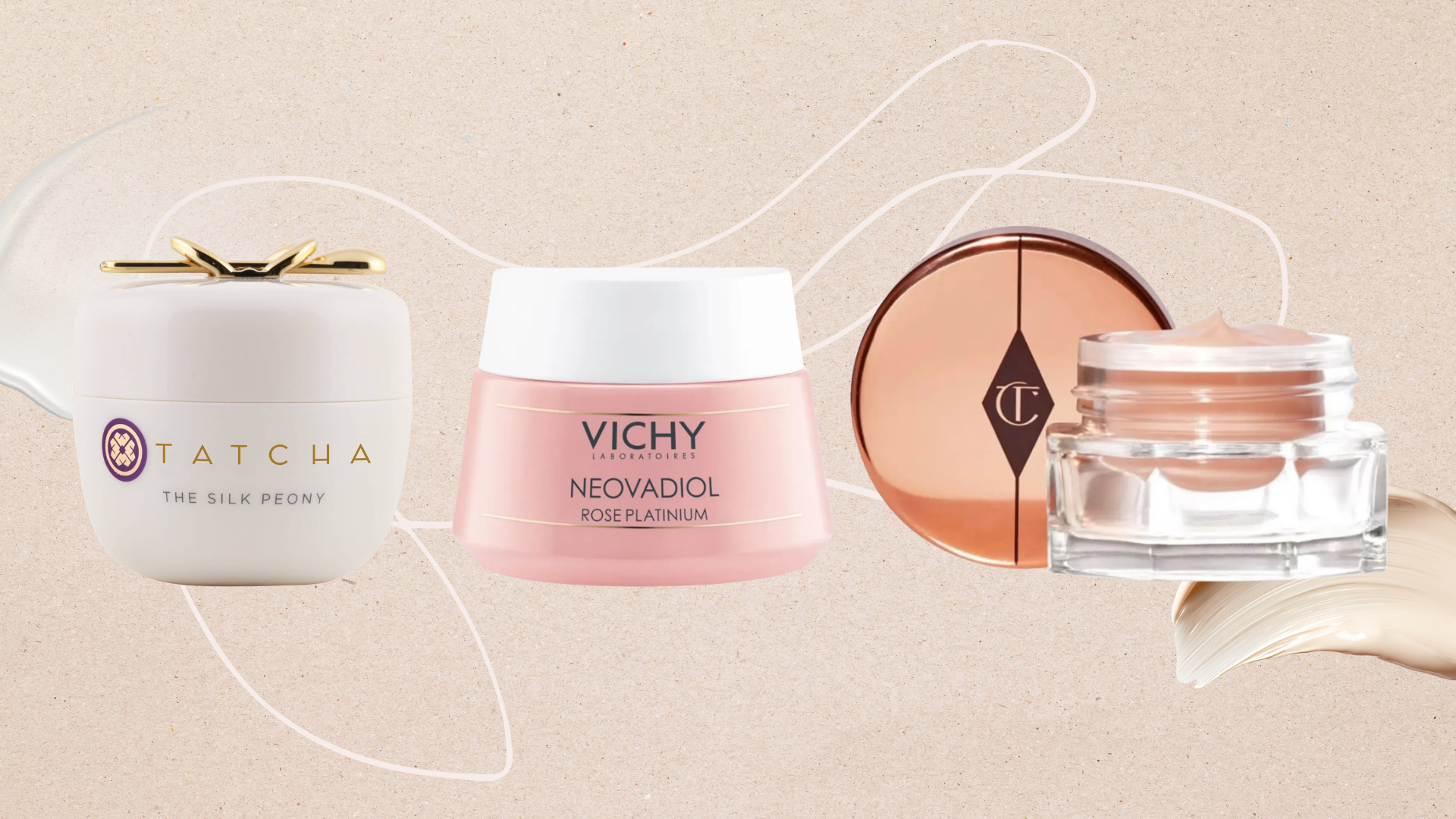 Collage of 3 of the best eye creams featured in this guide from (left to right) Tatcha, Vichy and Charlotte Tilbury, set against a beige background with 2 product swatches and a fine line illustration