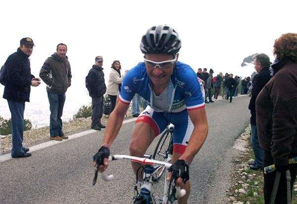 French champion Thomas Voeckler (Europcar) climbs to the summit of Mont Faron.