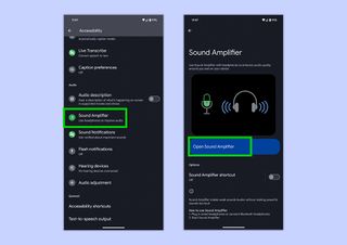 Screenshot showing how to enable Sound Amplifier through Settings and how to use it on a Google Pixel phone.