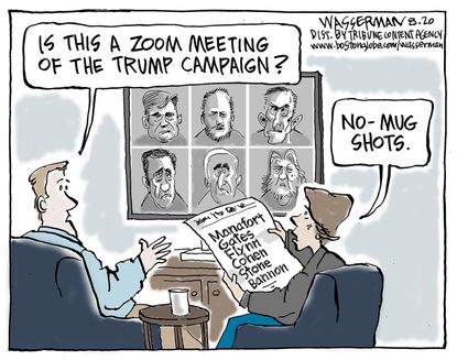 Political Cartoon U.S. Trump mug shots Bannon
