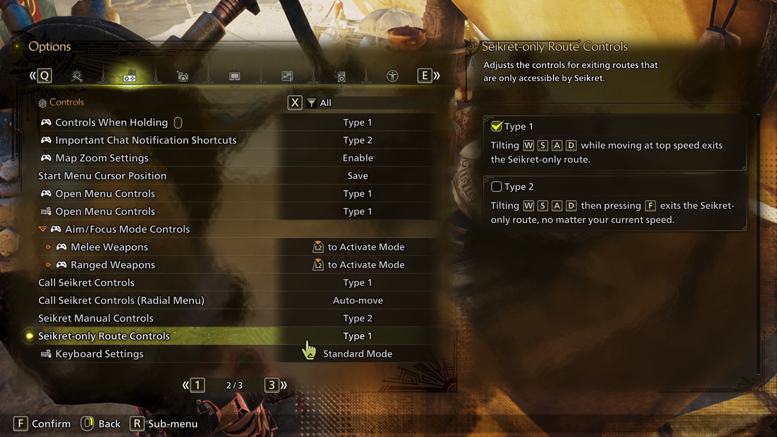 The UI for Seikret settings in Monster Hunter Wilds, here the UI for Seikret-only Route Controls and the Type are highlighted.