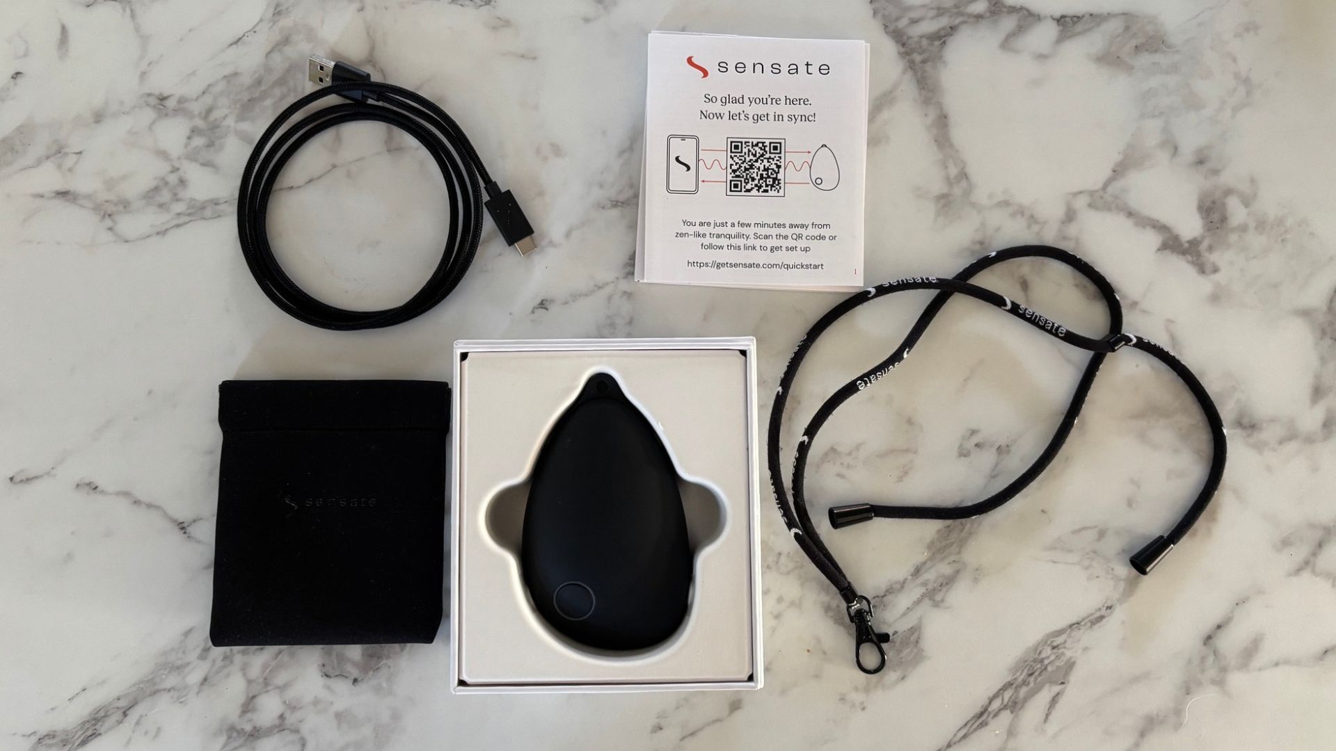 The image shows a black pebble-shaped device in a box, with a black pouch, lanyard, charging cable and instruction pamphlet next to it