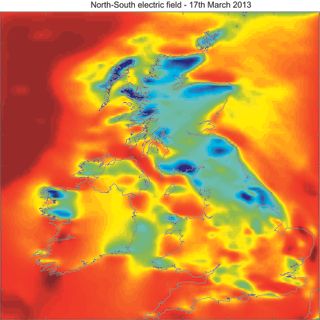 A snapshot of the electric field strength across the UK during the geomagnetic storm of 17 March 2013. Image released July 1, 2013.