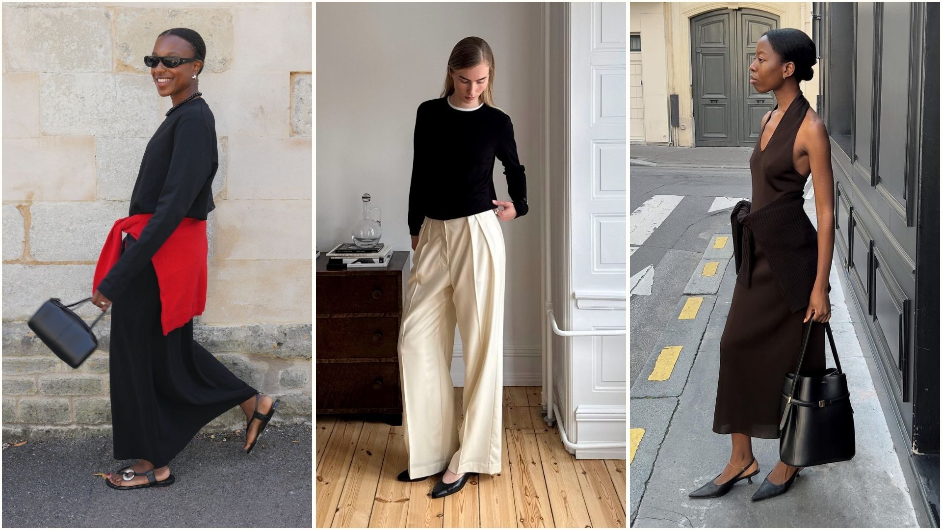 Three women wear minimalist autumn outfits
